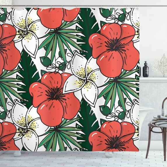 Ambesonne Aloha Shower Curtain, Graphical Endemic Flowers, 69"Wx70"L, Green and Burnt Sienna