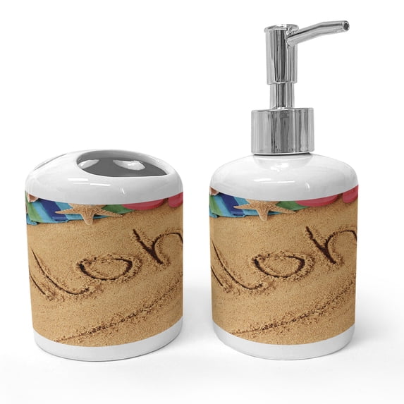 Ambesonne Aloha Soap Dispenser & Toothbrush Holder Set, Summer Holiday Season Theme, 2 Pcs, Brown and Red