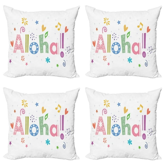 Ambesonne Aloha Throw Pillow Cover 4 Pack, Hawaiian Wording with Motifs, 16", Multicolor