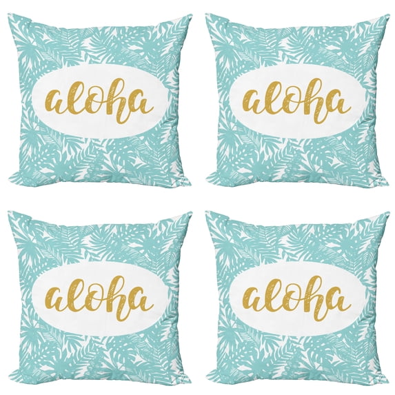 Ambesonne Aloha Throw Pillow Cover 4 Pack, Wording with Palm Tree Leaves, 16", Seafoam Yellow