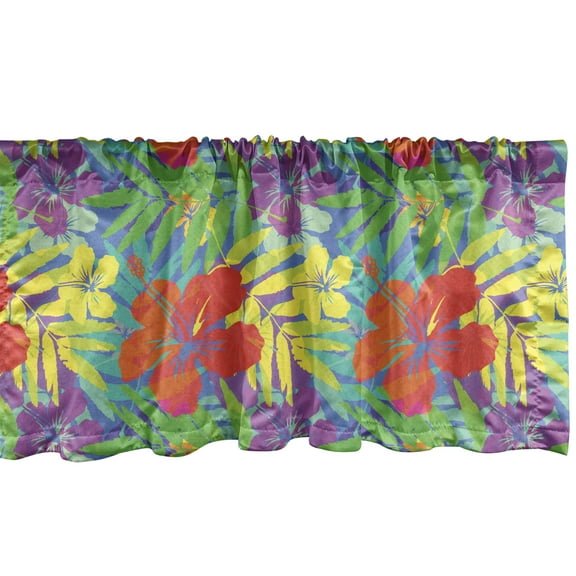 Ambesonne Aloha Window Valance, Double Exposure Vivid Colored Foliage Pattern Polynesian Hawaiian Rainforest Leaves, Curtain Valance for Kitchen Bedroom Decor with Rod Pocket, 54" X 12", Multicolor