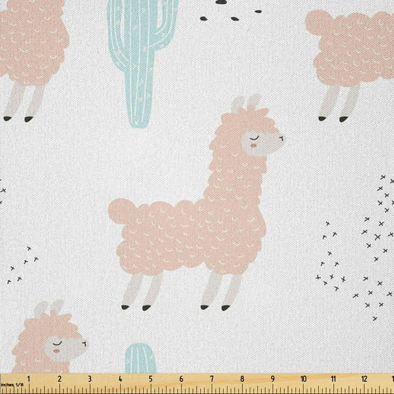 Ambesonne Alpaca Cactus Fabric by the Yard Microfiber, Pastel Cacti Llama, 1 Yard, White Pale Tan
