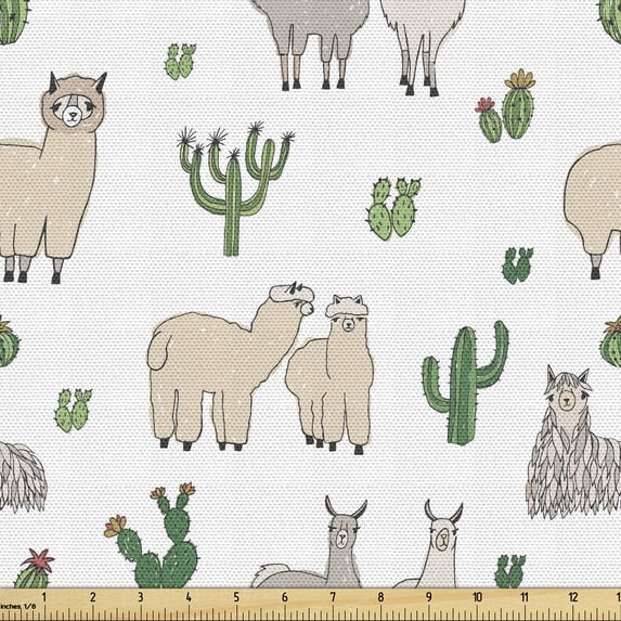Ambesonne Alpaca Cactus Fabric by the Yard Upholstery, Cacti and Soft Llamas, 3 Yards, Green Beige White