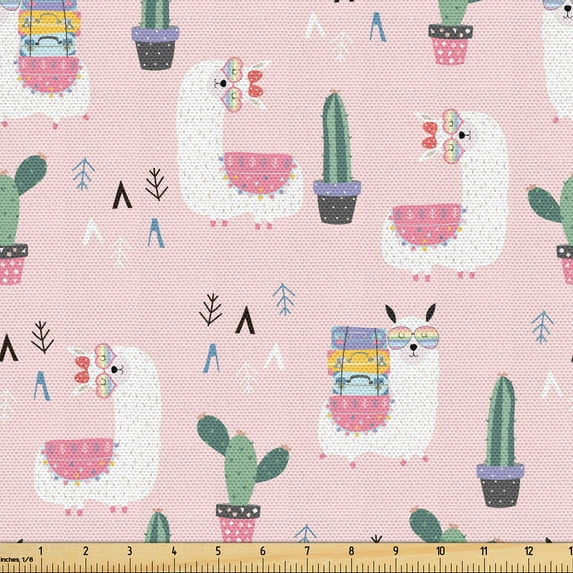 Ambesonne Alpaca Cactus Fabric by the Yard Upholstery, Pastel Llama Drawing, 1 Yard, Rose Sea Green White