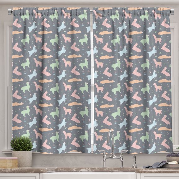 Ambesonne Alpaca Cactus Kitchen Curtains, Repetitive Soft Llama, 55"x39", Dimgray Multicolor