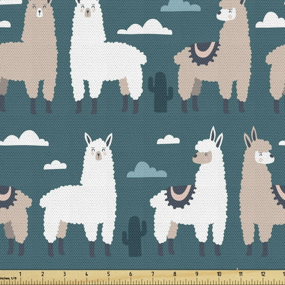 Ambesonne Alpaca Fabric by the Yard Upholstery, Llamas Cactus Clouds Print, 3 Yards, Dark Teal White Pale Tan