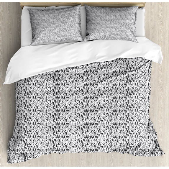 Ambesonne Alphabet Duvet Cover Sets, Hand Written and Cursive, 2-Queen, Dark Grey and White