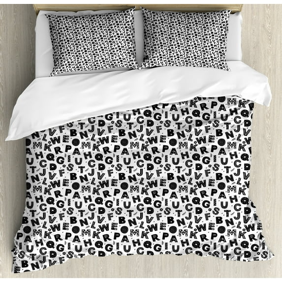 Ambesonne Alphabet Duvet Cover Sets, Monochrome Floral Details, 2-Queen, Charcoal Grey