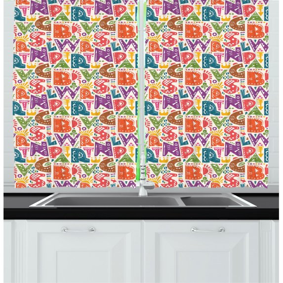 Ambesonne Alphabet Kitchen Curtains, Capital Letters Doodles, 55"x39", Multicolor