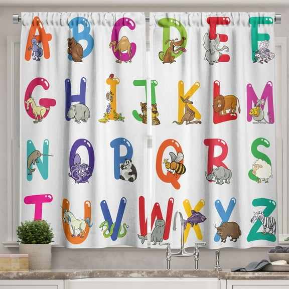 Ambesonne Alphabet Kitchen Curtains, Cartoon Animals, 55"x30", Multicolor
