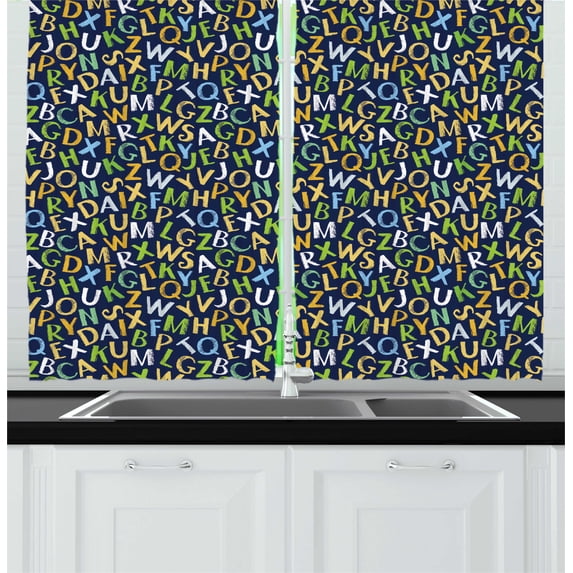 Ambesonne Alphabet Kitchen Curtains, Irregular English Letters, 55"x45", Night Blue Multicolor