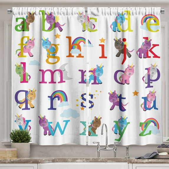 Ambesonne Alphabet Kitchen Curtains, Letters Fun with Unicorns, 55"x36", White Multicolor