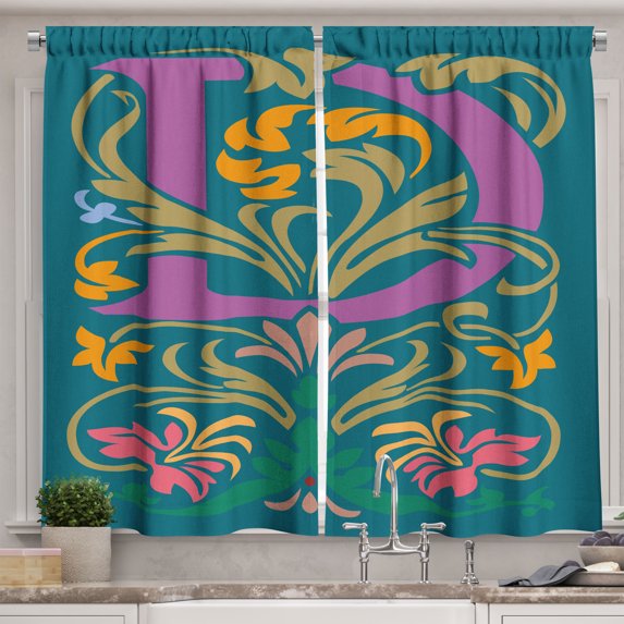 Ambesonne Alphabet Kitchen Curtains, Vintage Drawn D Letter, 55"x24", Petrol Blue Marigold