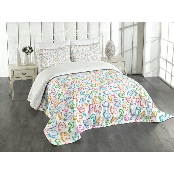 Ambesonne Alphabet Quilted Bedspread Set 3 Pcs, Colored Letters, Queen Size, Multicolor