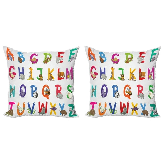 Ambesonne Alphabet Throw Pillow Cover 2 Pack, Cartoon Animals, 18", Multicolor