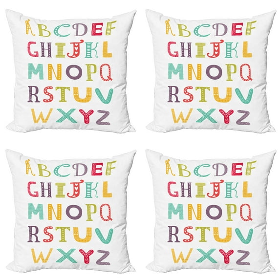 Ambesonne Alphabet Throw Pillow Cover 4 Pack, Colorful Content, 18", White Multicolor