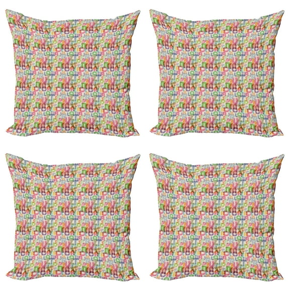 Ambesonne Alphabet Throw Pillow Cover 4 Pack, Energetic ABC Silhouettes, 20", Eggshell and Multicolor