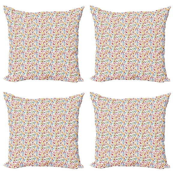 Ambesonne Alphabet Throw Pillow Cover 4 Pack, Whimsical Lettering Layout, 18", Multicolor