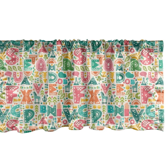 Ambesonne Alphabet Window Valance, Aztec Inspired Colorful Motifs and Elements with Capital Letters, Curtain Valance for Kitchen Bedroom Decor with Rod Pocket, 54" X 12", Pale Eggshell Multicolor