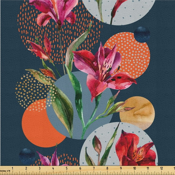 Ambesonne Alstroemeria Fabric by the Yard Upholstery, Watercolor Art Floral, 1 Yard, Vermilion Multicolor