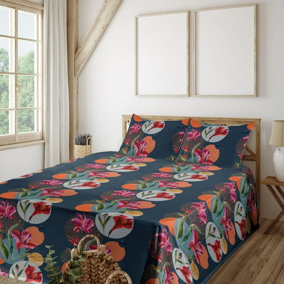 Ambesonne Alstroemeria Fitted & Flat Sheet with Shams 4 Pcs Set, Watercolor Art Floral, Full, Vermilion Multicolor