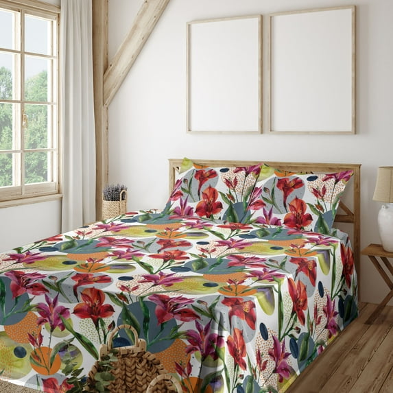 Ambesonne Alstroemeria Fitted & Flat Sheet with Shams 4 Pcs Set, Watercolor Round Spots, Queen, Purpleblue Multicolor