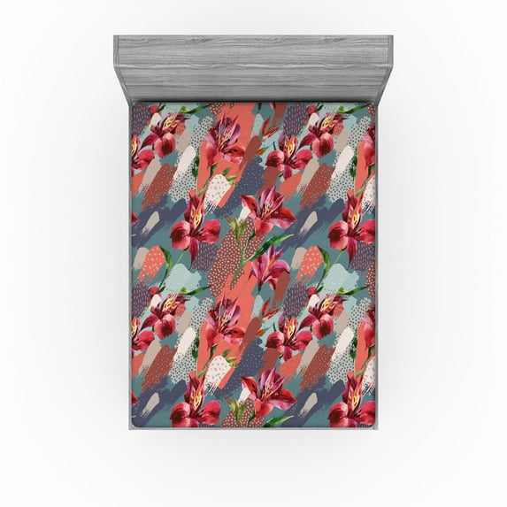 Ambesonne Alstroemeria Fitted Sheet, Abstract Boho Blooms, Full Size, Dark Pink Coral Indigo