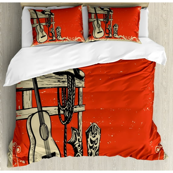 Ambesonne America Duvet Cover Sets, Country Music Wild West, 2-Queen, Beige Orange