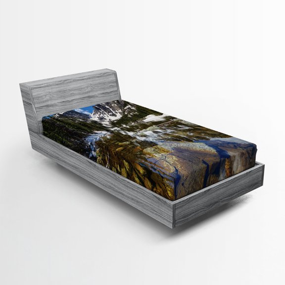 Ambesonne America Fitted Sheet, Mountain Lake Park West, Twin XL Size, Green Brown Blue