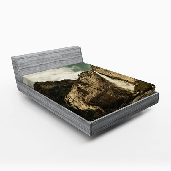 Ambesonne America Fitted Sheet, Waterfall Yosemite Park, Full Size, Brown Reseda Green