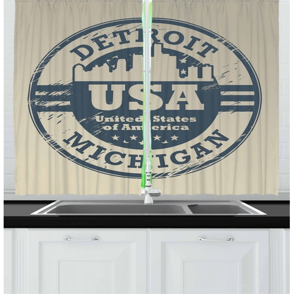 Ambesonne America Kitchen Curtains, Detroit Michigan Stamp, 55"x39", Blue Grey and Taupe