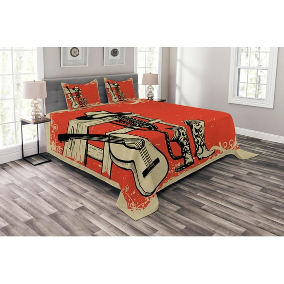 Ambesonne America Quilted Bedspread Set 3 Pcs, Country Music Wild West, King Size, Beige Orange