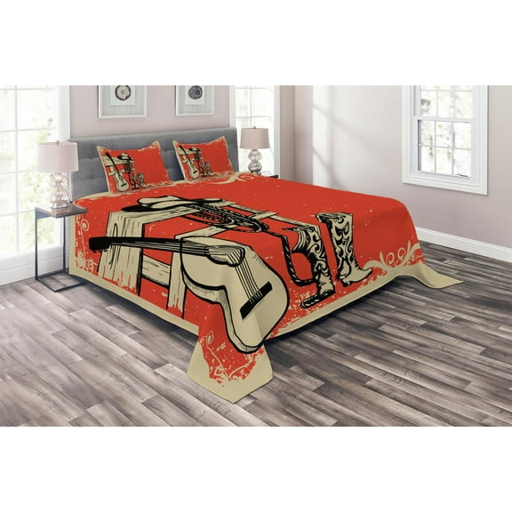 Ambesonne America Quilted Coverlet 3 Pcs, Country Music Wild West, King Size, Beige Orange