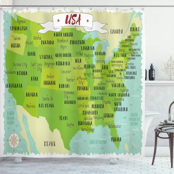 Ambesonne America Shower Curtain, Detailed USA Map Drawing, 69"Wx70"L, Apple Green Ruby Grey