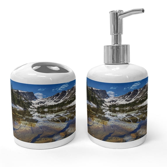 Ambesonne America Soap Dispenser & Toothbrush Holder Set, Mountain Lake Park West, 2 Pcs, Green Brown Blue