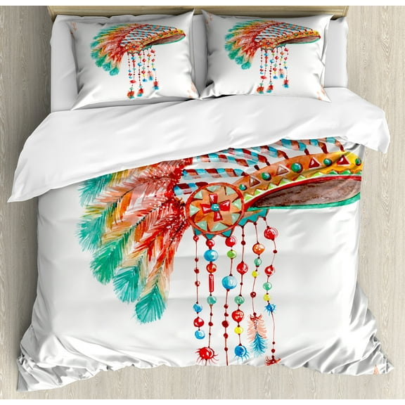 Ambesonne American Duvet Cover Set, Tribe Chief Themed Design, Calking, Orange Blue