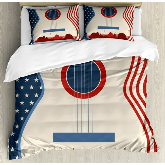 Ambesonne American Duvet Cover Sets, Country Music Guitar, 2-Queen, Cream Red Blue