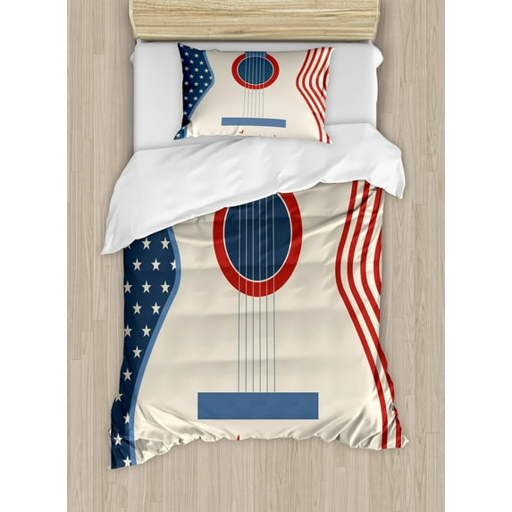 Ambesonne American Duvet Cover Sets, Country Music Guitar, 2-Twin, Cream Red Blue