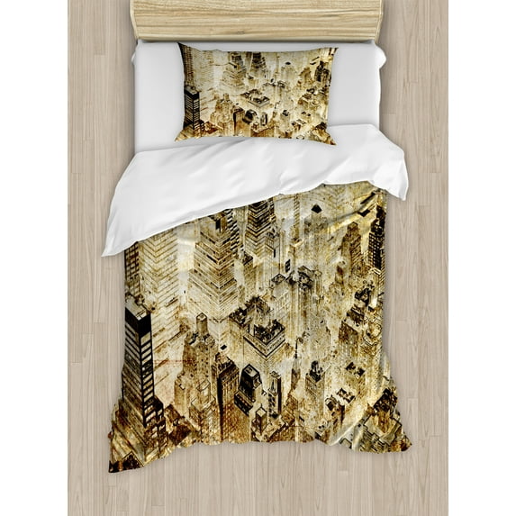 Ambesonne American Duvet Cover Sets, New York City at Night, 2-Twin, Yellow