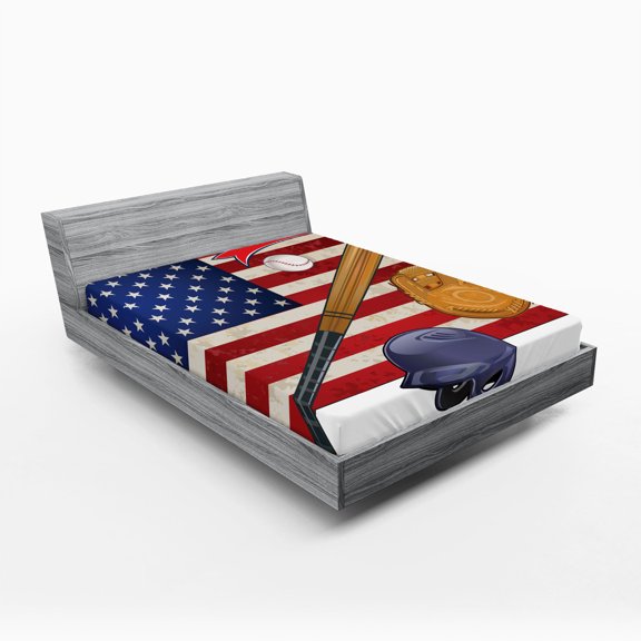 Ambesonne American Fitted Sheet 2 Pcs Set, USA Flag and Baseball, California King, Multicolor