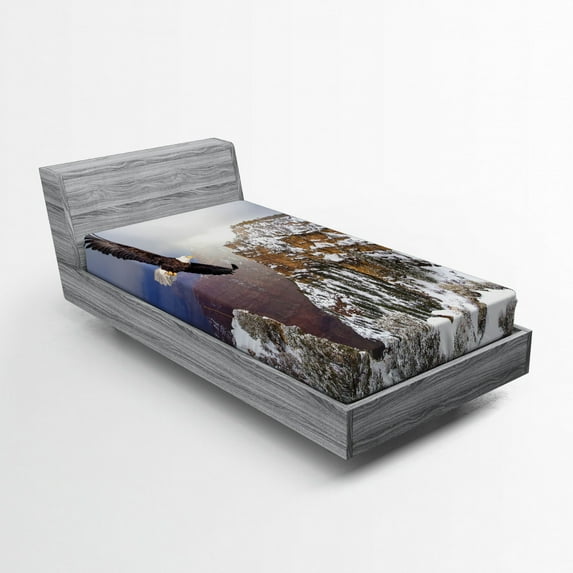 Ambesonne American Fitted Sheet, Bald Eagle Landscape, Twin XL Size, White Brown