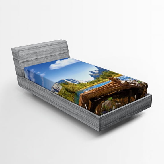 Ambesonne American Fitted Sheet, California Yosemite, Twin Size, Green Blue