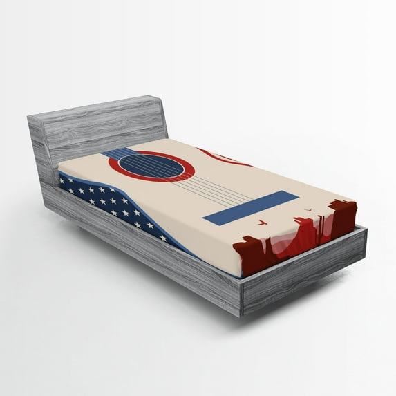 Ambesonne American Fitted Sheet, Country Music Guitar, Twin XL Size, Cream Red Blue