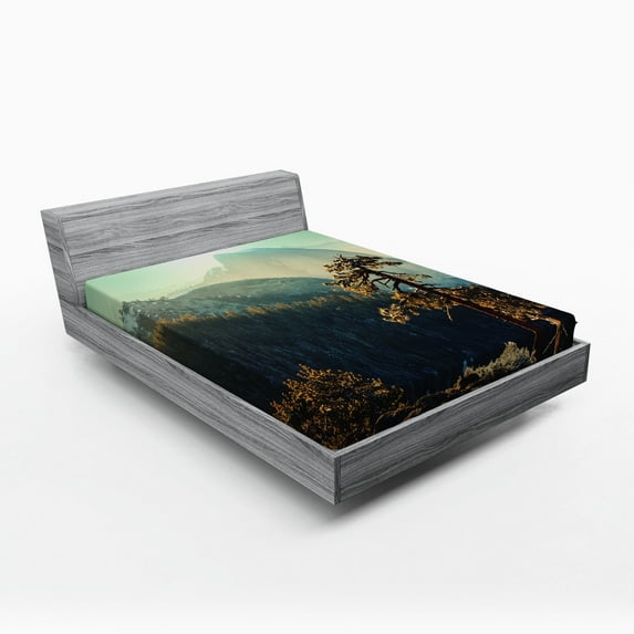 Ambesonne American Fitted Sheet, Misty Morning Yosemite, Queen Size, Teal Brown