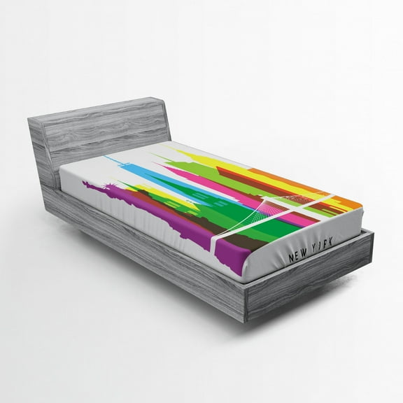 Ambesonne American Fitted Sheet, New York Landmarks, Twin XL Size, Multicolor