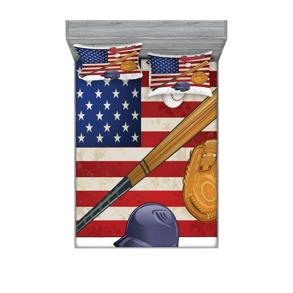 Ambesonne American Fitted Sheet & Pillow Sham Set, USA Flag and Baseball, Queen, Multicolor