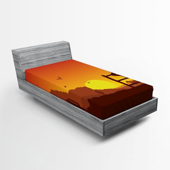 Ambesonne American Fitted Sheet, Wild West Sunset Scene, Twin Size, Burnt Orange