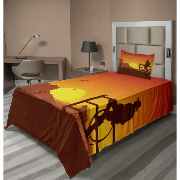 Ambesonne American Fitted & Top Sheet Set with Sham, Wild West Sunset Scene, Burnt Orange