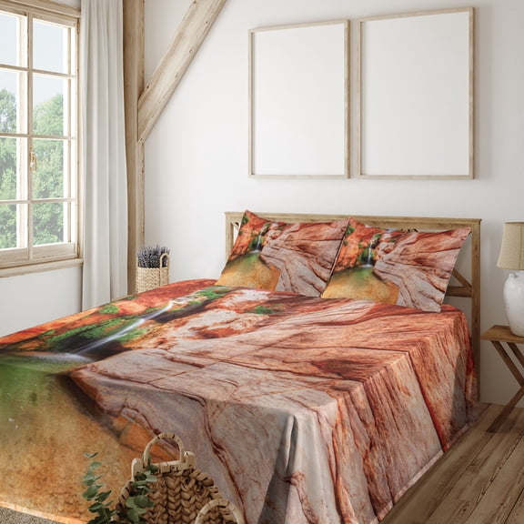 Ambesonne American Fitted & Top Sheet Set with Shams, Colorado River Plateau, Pale Brown Scarlet Green