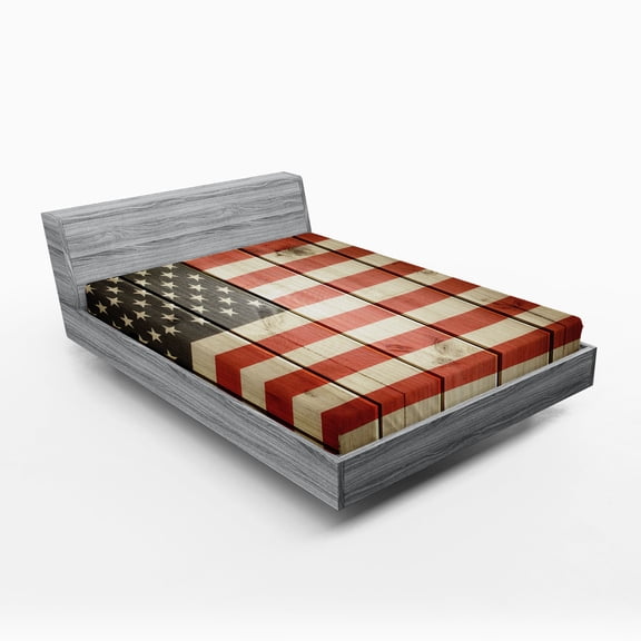 Ambesonne American Flag Fitted Sheet 2 Pcs Set, Wood Design Flag, California King, Blue Red